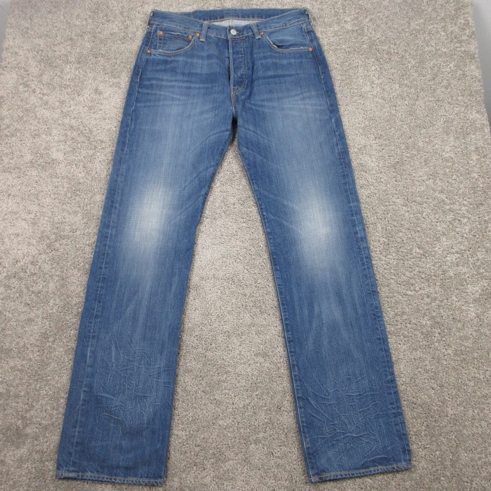 Levis Jeans Mens 34x34 Blue 501 Button Fly Faded Whisker Cotton Denim Pants‎